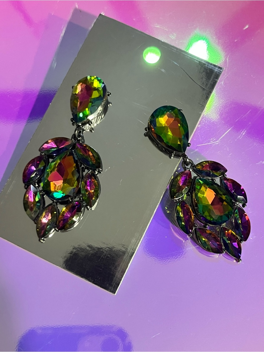 Source Unknown Iridescent Teardrop Chandelier Earrings - Green Purple Gol